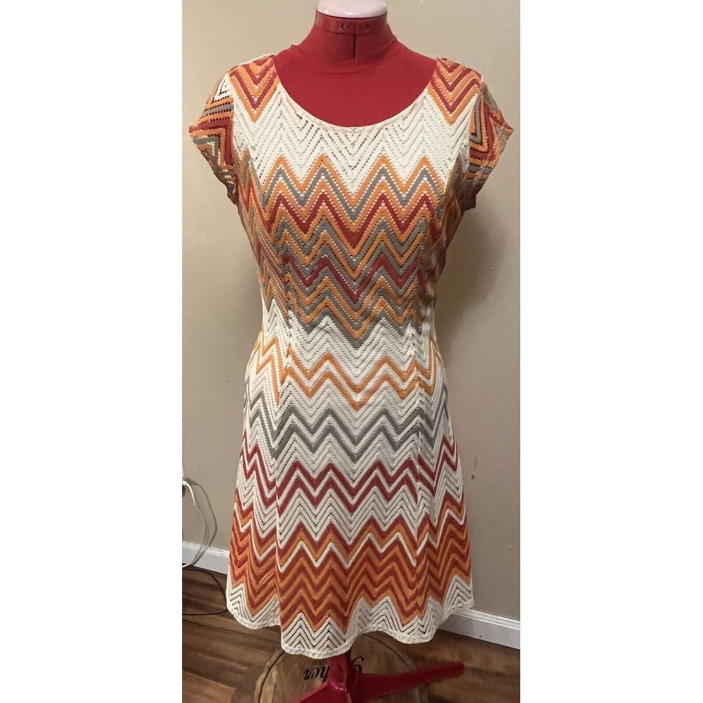 Sharagano Red Orange‎ Fit & Flare Zig Zag Dress Boho Crochet-Look Dress Size 6
